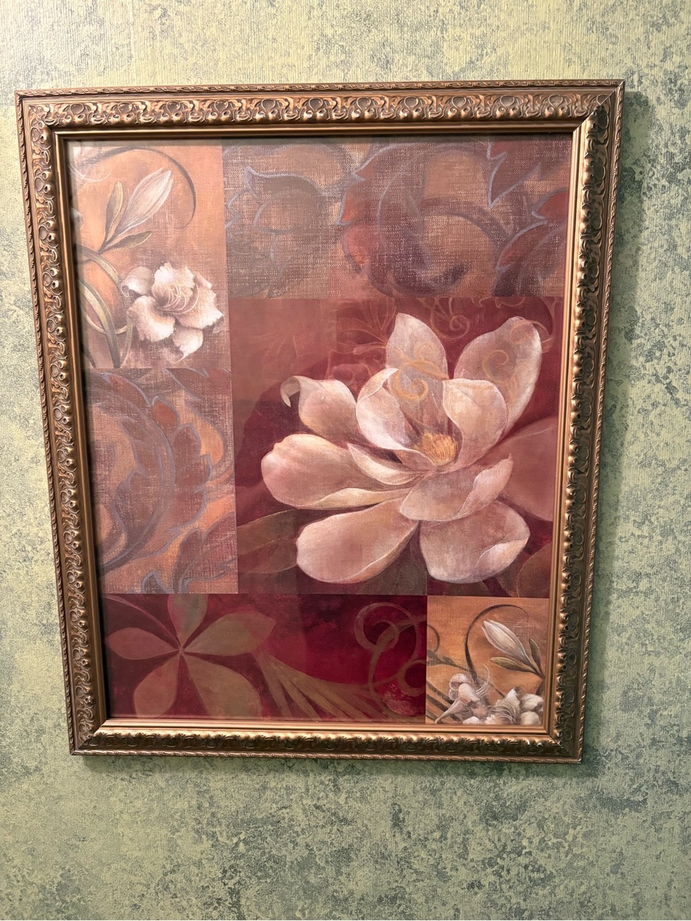 Floral Magnolia Wall Art Print in Warm Reds and Creams 23x19